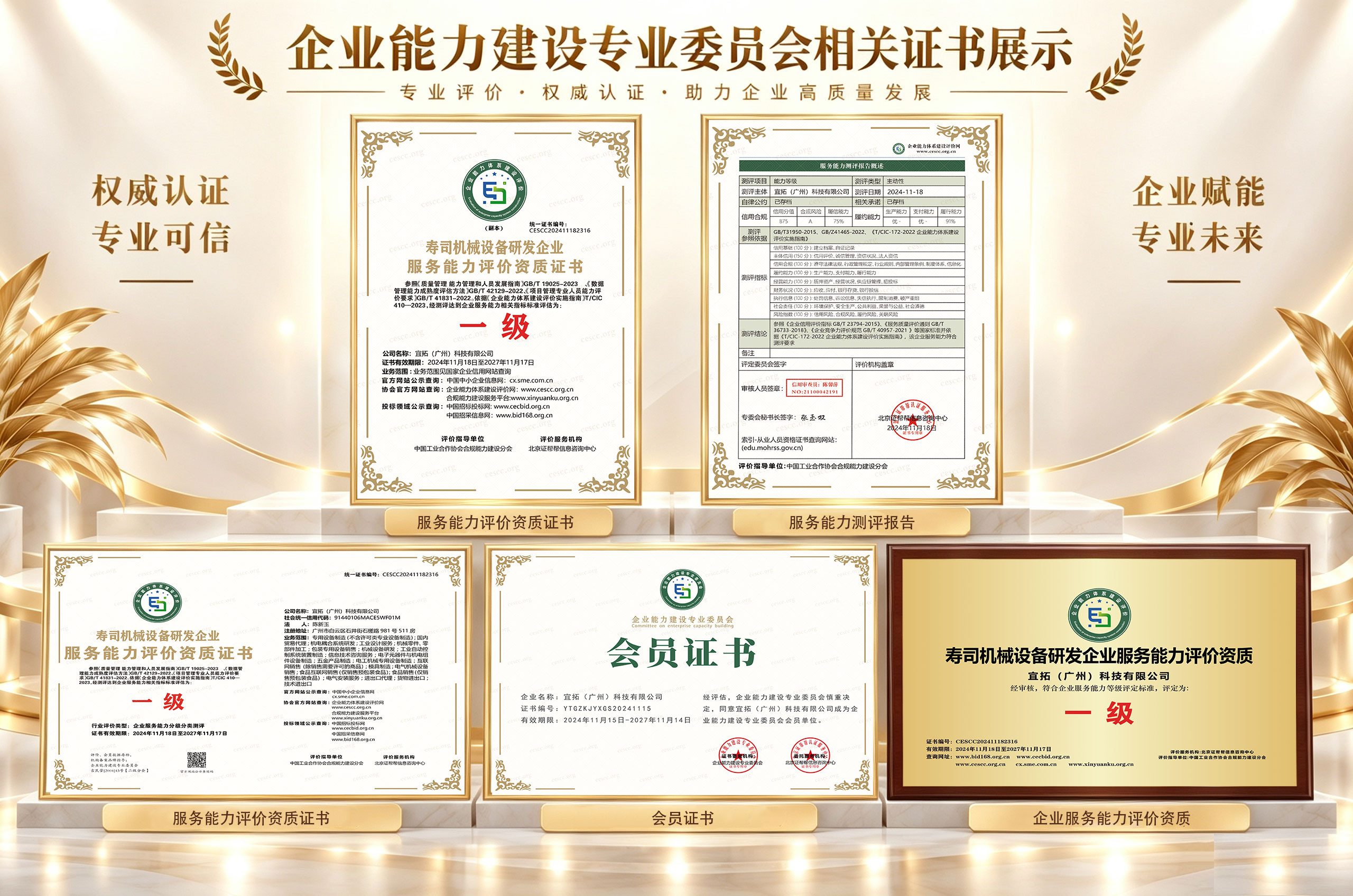  寿司机械设备研发企业服务能力一级资质：